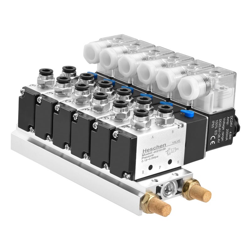 Heschen Electrical Pneumatic 6 Solenoid Valve, 4V210-08, DC24V Coil, PT1/4'' Port, 5 Way 2 Position, Manifold Base, Muffler, Quick Fittings Set - Image 1